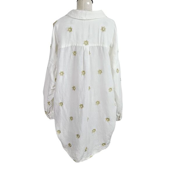 Anthropologie Top XS White Gold Linen Blend Embroidered Sun/Star Oversized Shirt - Picture 4 of 9
